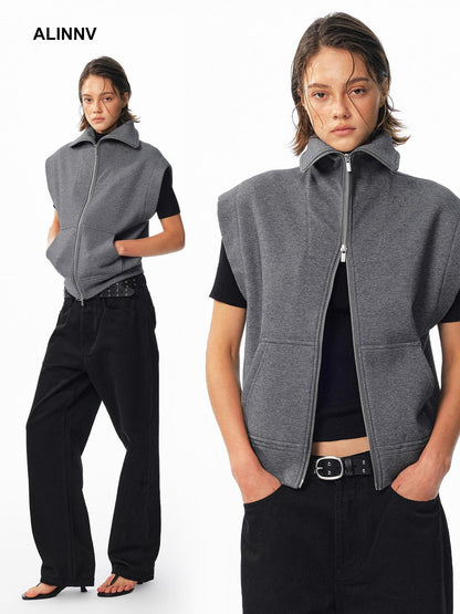 ALINNV Fleece Lined Fly Sleeve Stand Collar Zip Up Loose Women&