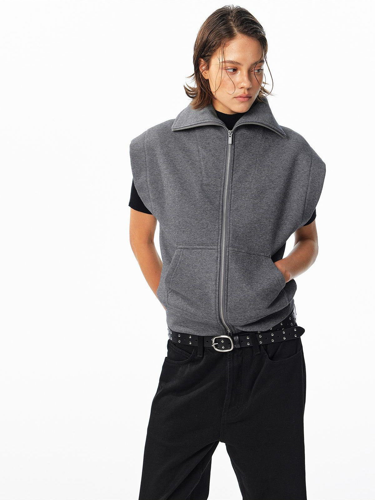 ALINNV Fleece Lined Fly Sleeve Stand Collar Zip Up Loose Women&