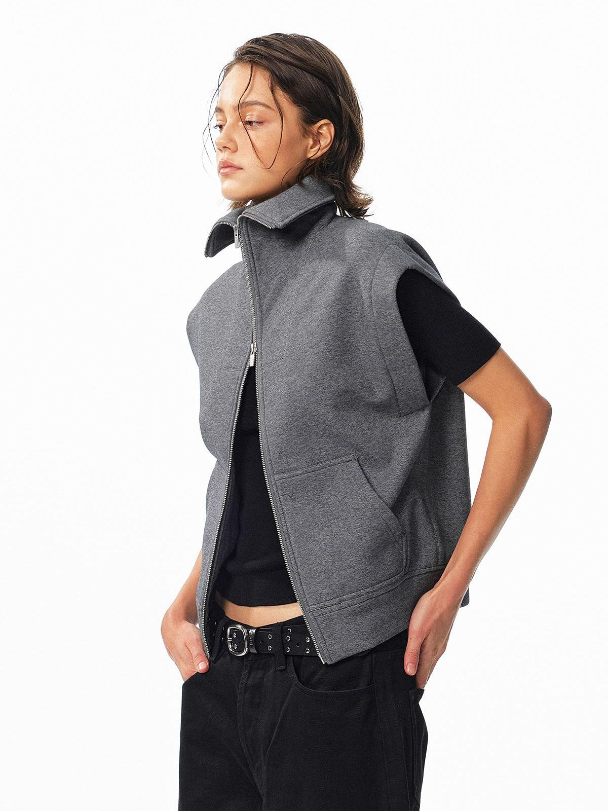 ALINNV Fleece Lined Fly Sleeve Stand Collar Zip Up Loose Women&