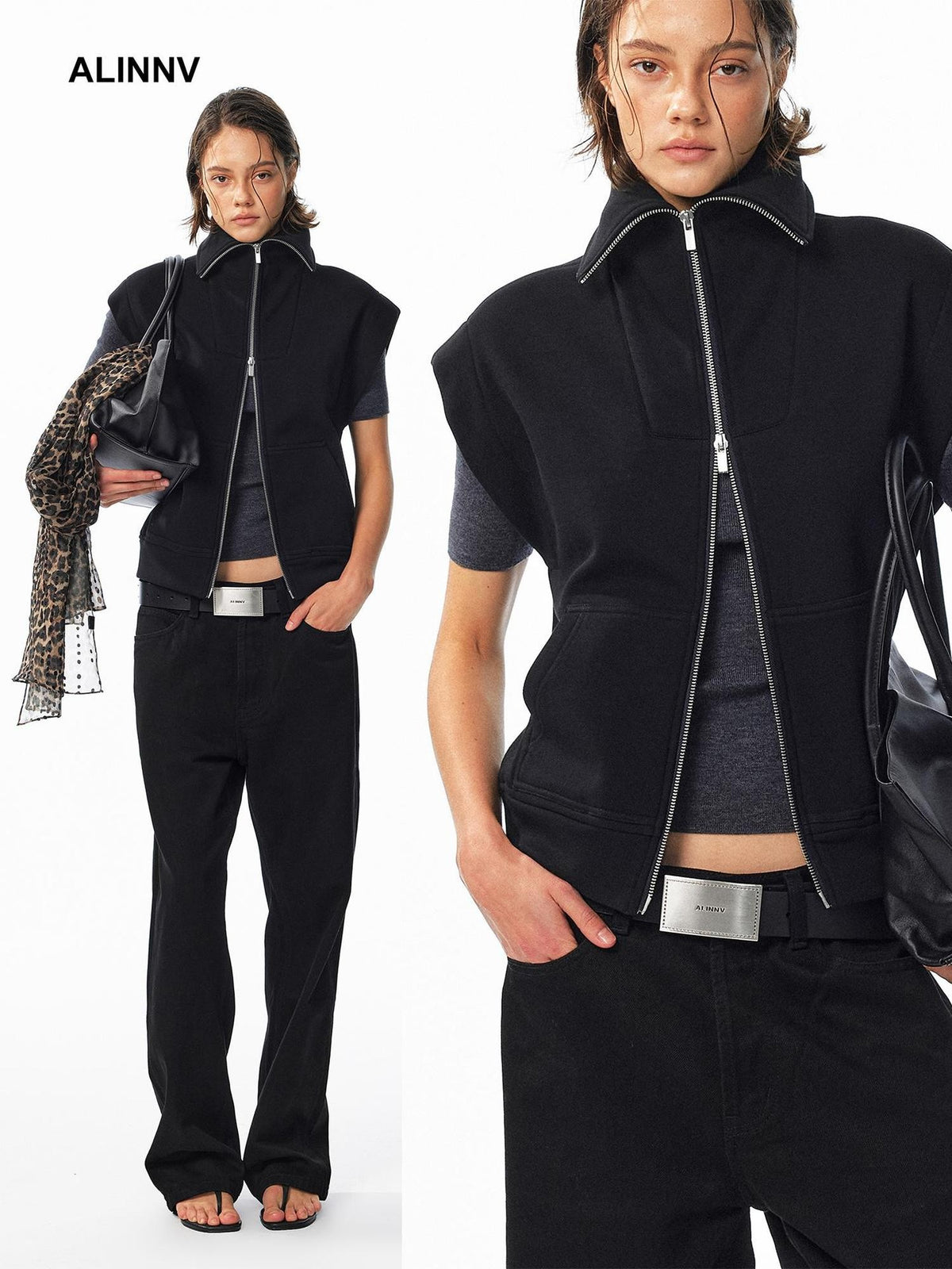 ALINNV Fleece Lined Fly Sleeve Stand Collar Zip Up Loose Women&