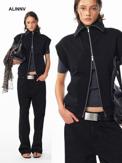 ALINNV Fleece Lined Fly Sleeve Stand Collar Zip Up Loose Women&
