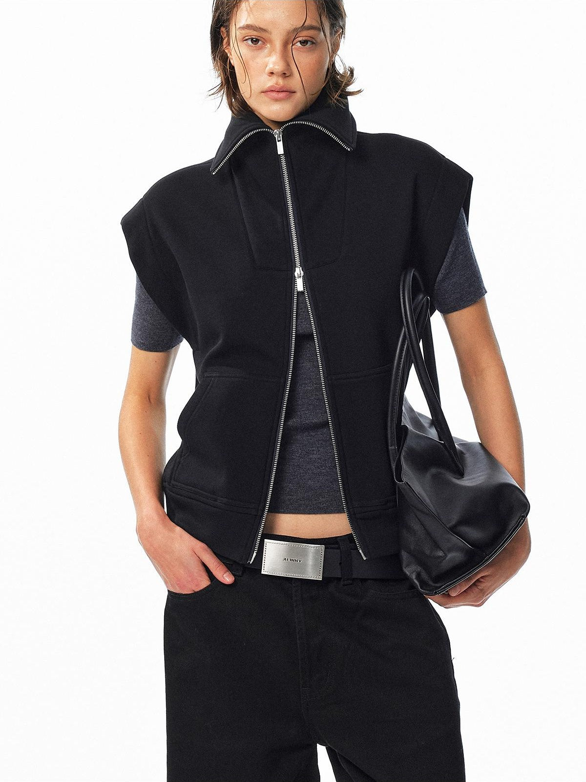ALINNV Fleece Lined Fly Sleeve Stand Collar Zip Up Loose Women&