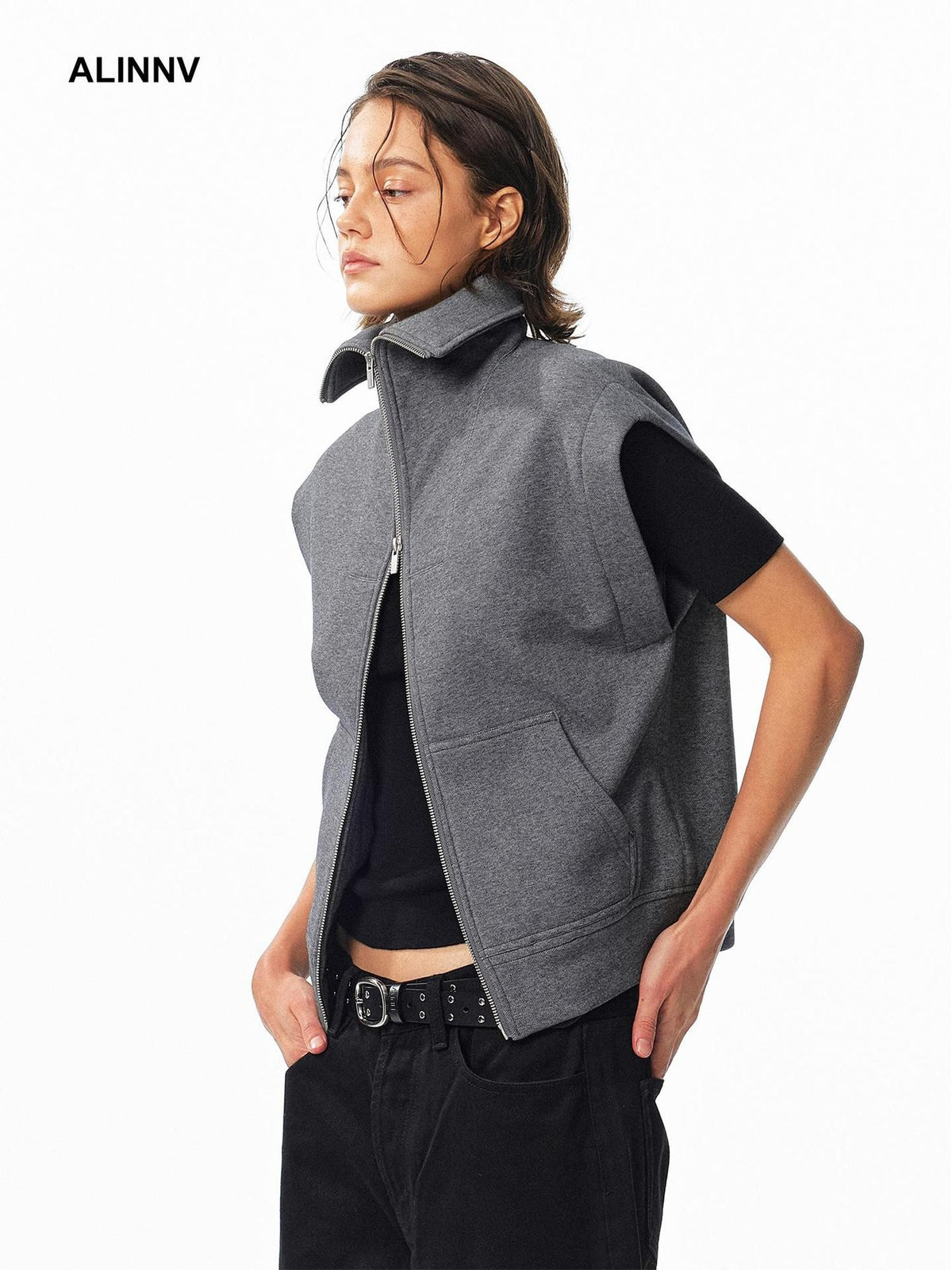 ALINNV Fleece Lined Fly Sleeve Stand Collar Zip Up Loose Women&