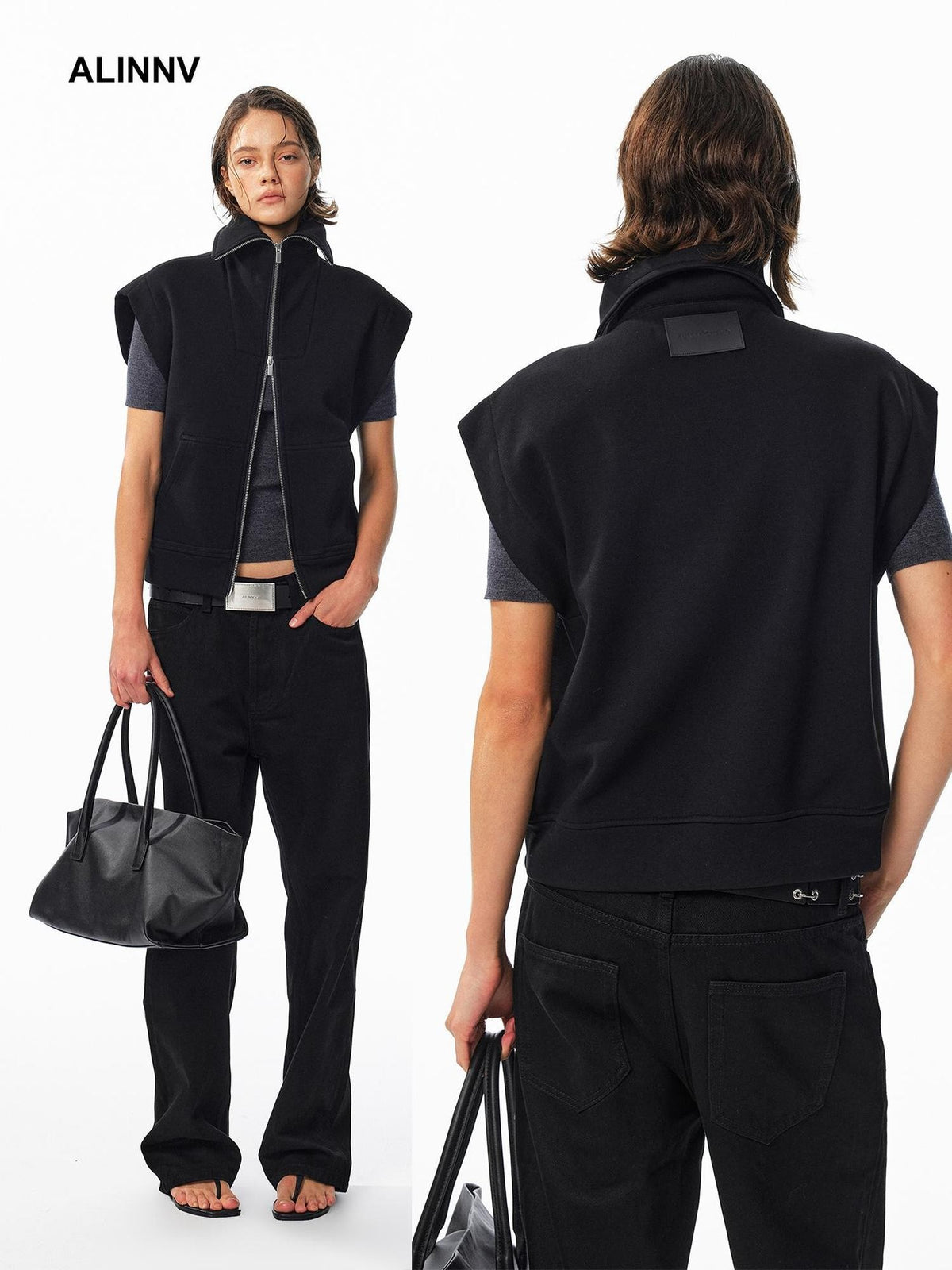 ALINNV Fleece Lined Fly Sleeve Stand Collar Zip Up Loose Women&