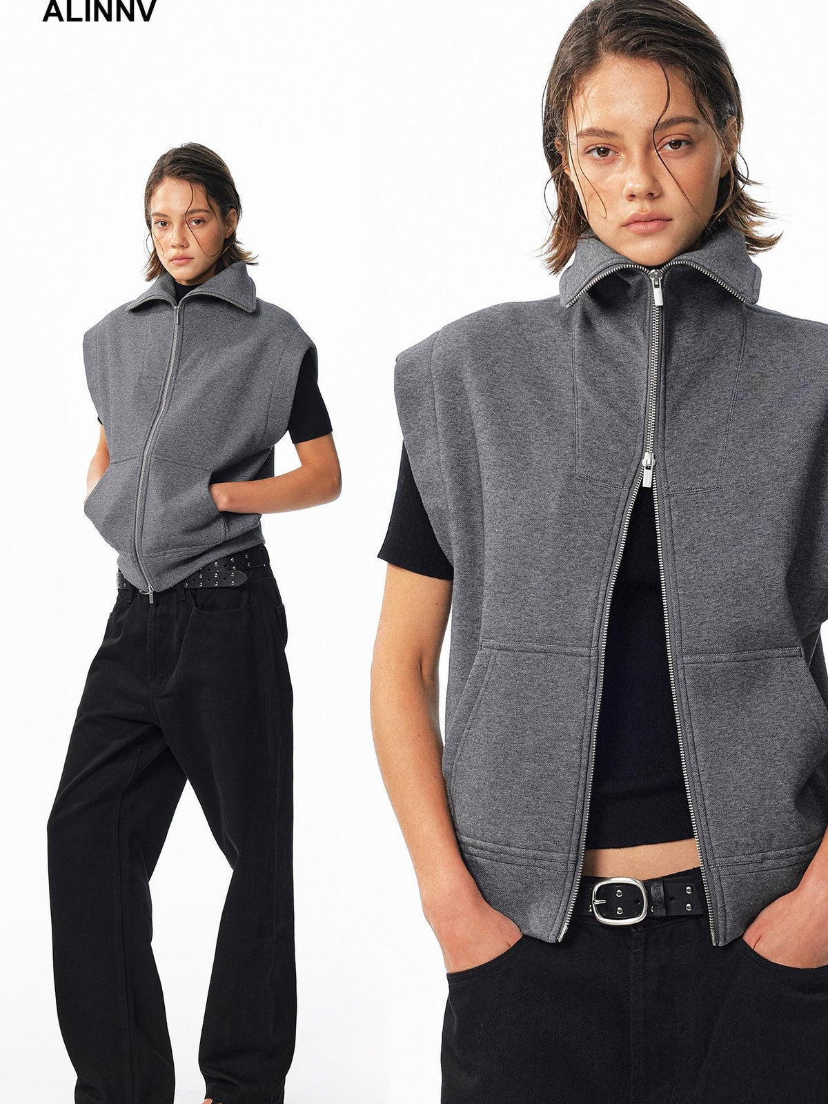 ALINNV Fleece Lined Fly Sleeve Stand Collar Zip Up Loose Women&