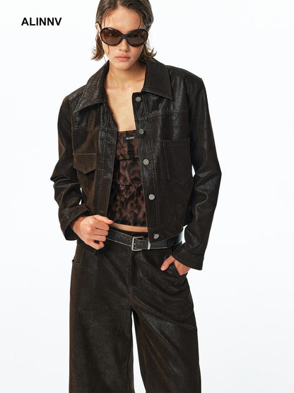 ALINNV Flocked Collared Retro Straight Fit Women&