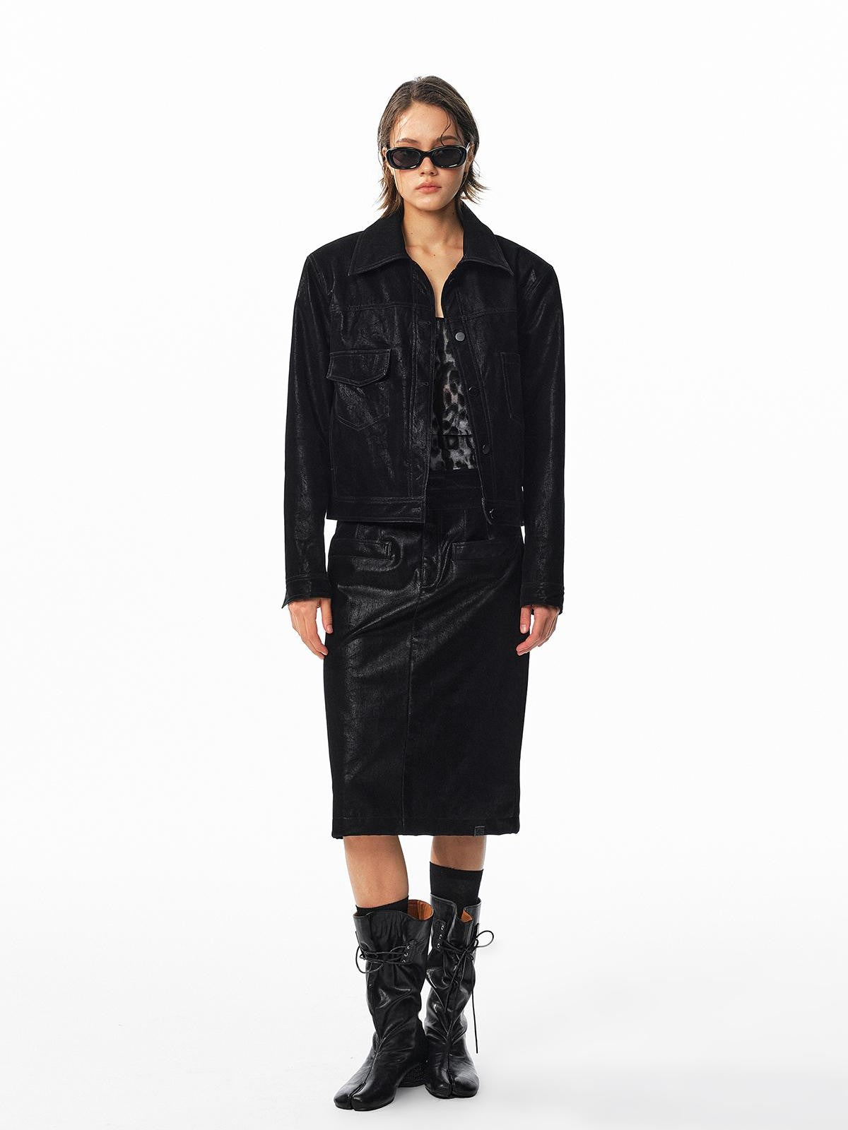 ALINNV Flocked Collared Retro Straight Fit Women&