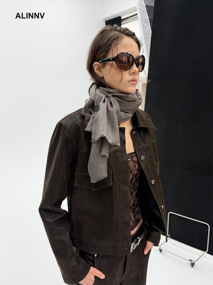 ALINNV Flocked Collared Retro Straight Fit Women&