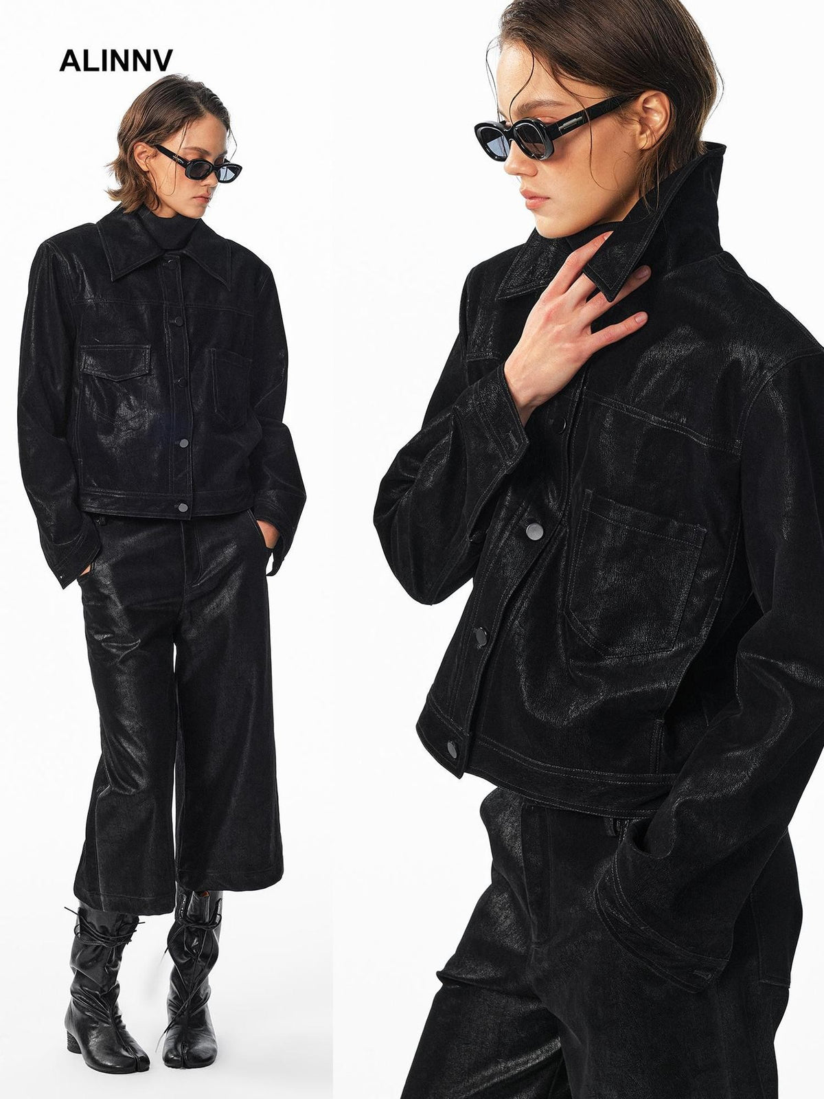 ALINNV Flocked Collared Retro Straight Fit Women&