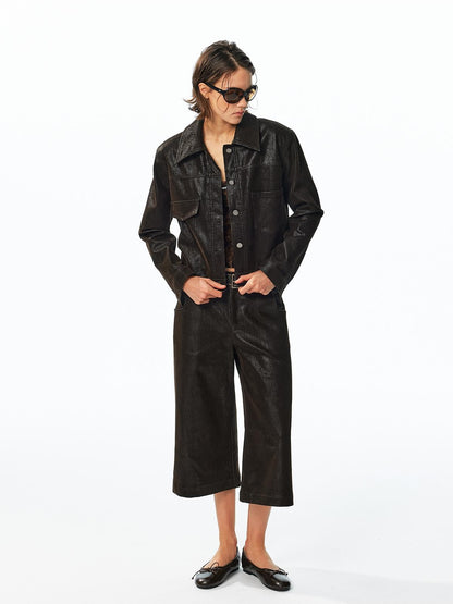 ALINNV Flocked Collared Retro Straight Fit Women&