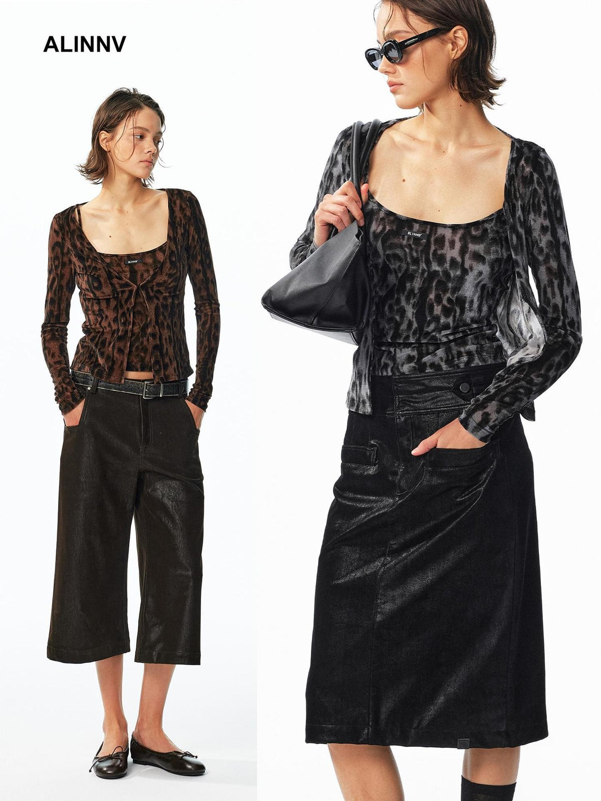 ALINNV Flocked Mesh Leopard Print U Neck Slim Fit Women&