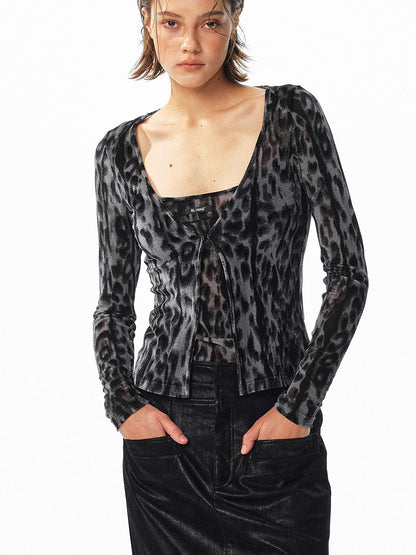 ALINNV Flocked Mesh Leopard Print U Neck Slim Fit Women&
