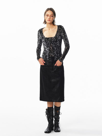 ALINNV Flocked Mesh Leopard Print U Neck Slim Fit Women&