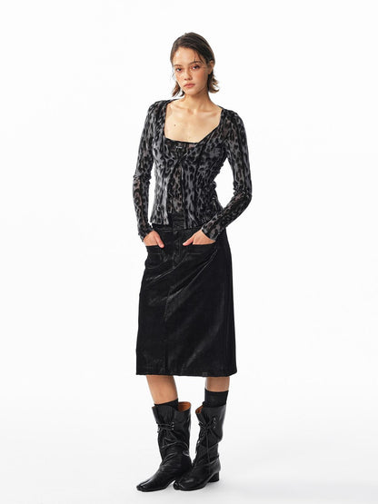 ALINNV Flocked Mesh Leopard Print U Neck Slim Fit Women&