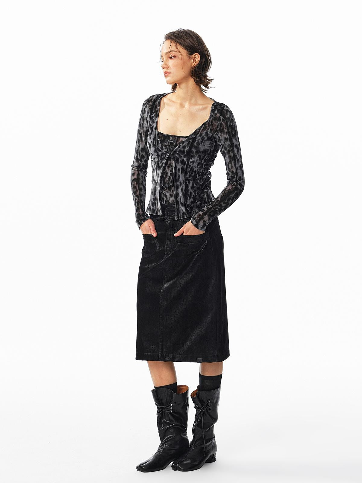 ALINNV Flocked Mesh Leopard Print U Neck Slim Fit Women&
