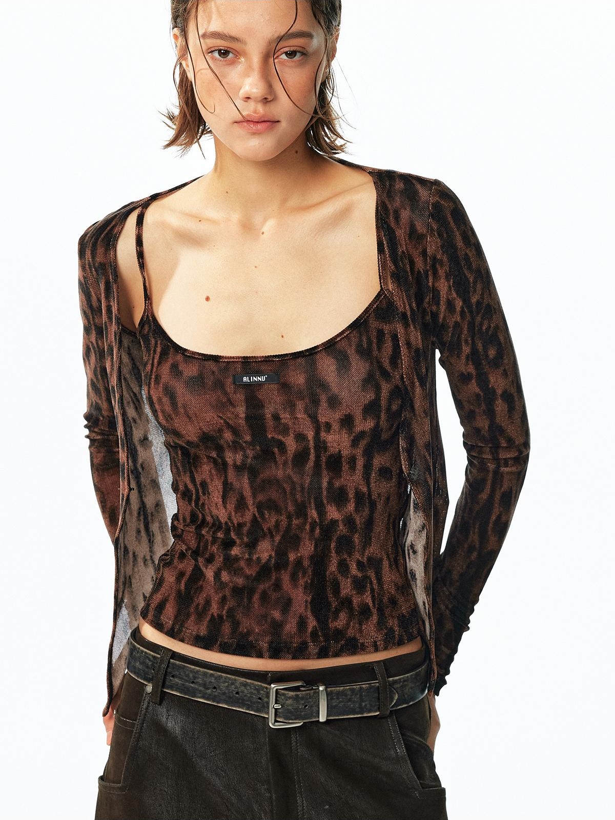 ALINNV Flocked Mesh Leopard Print U Neck Slim Fit Women&