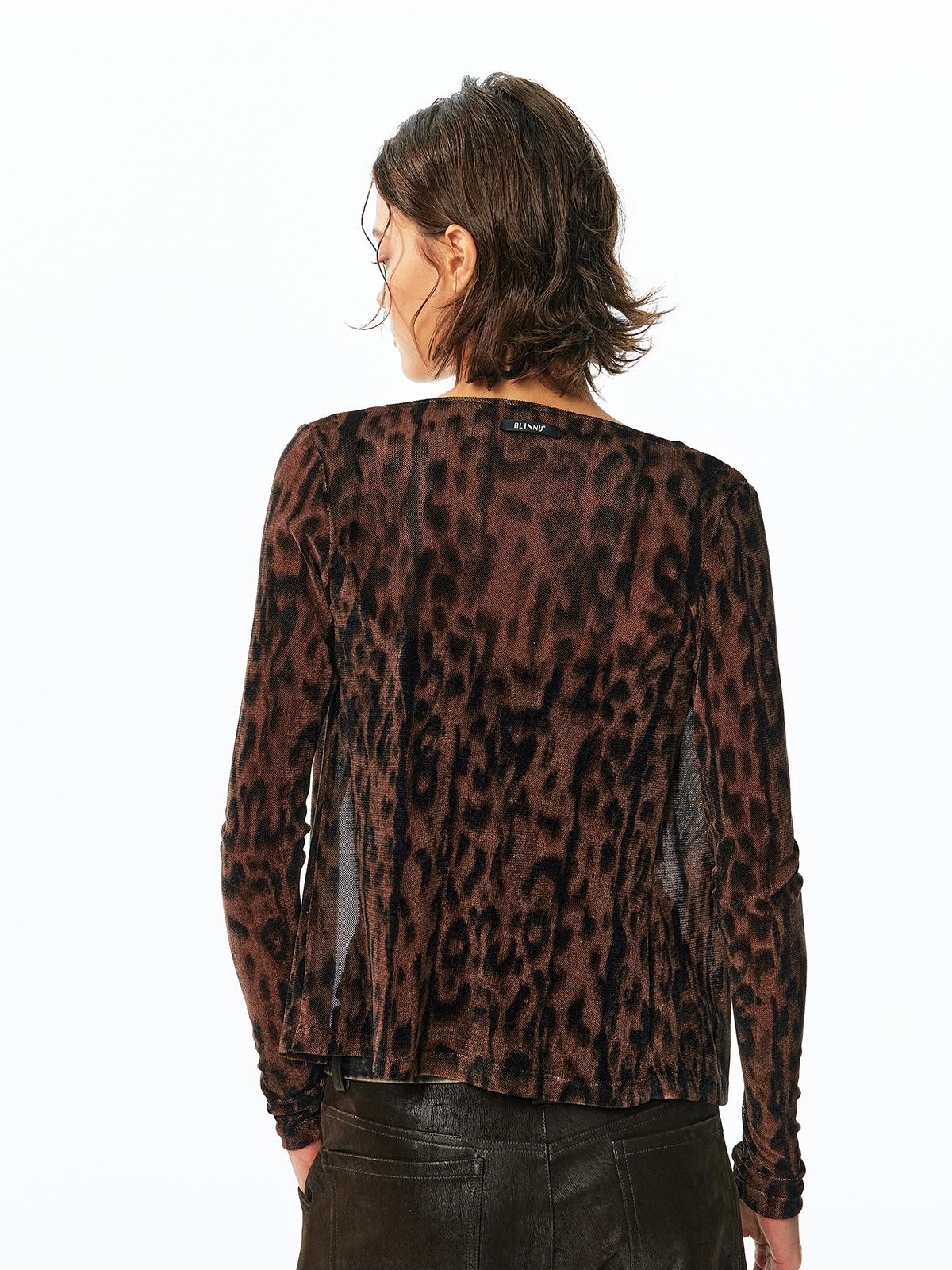 ALINNV Flocked Mesh Leopard Print U Neck Slim Fit Women&