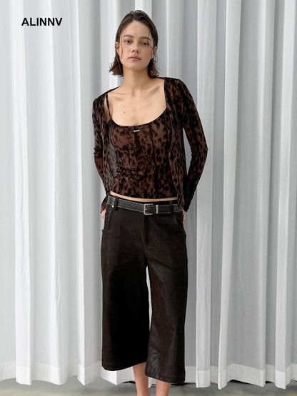 ALINNV Flocked Mesh Leopard Print U Neck Slim Fit Women&