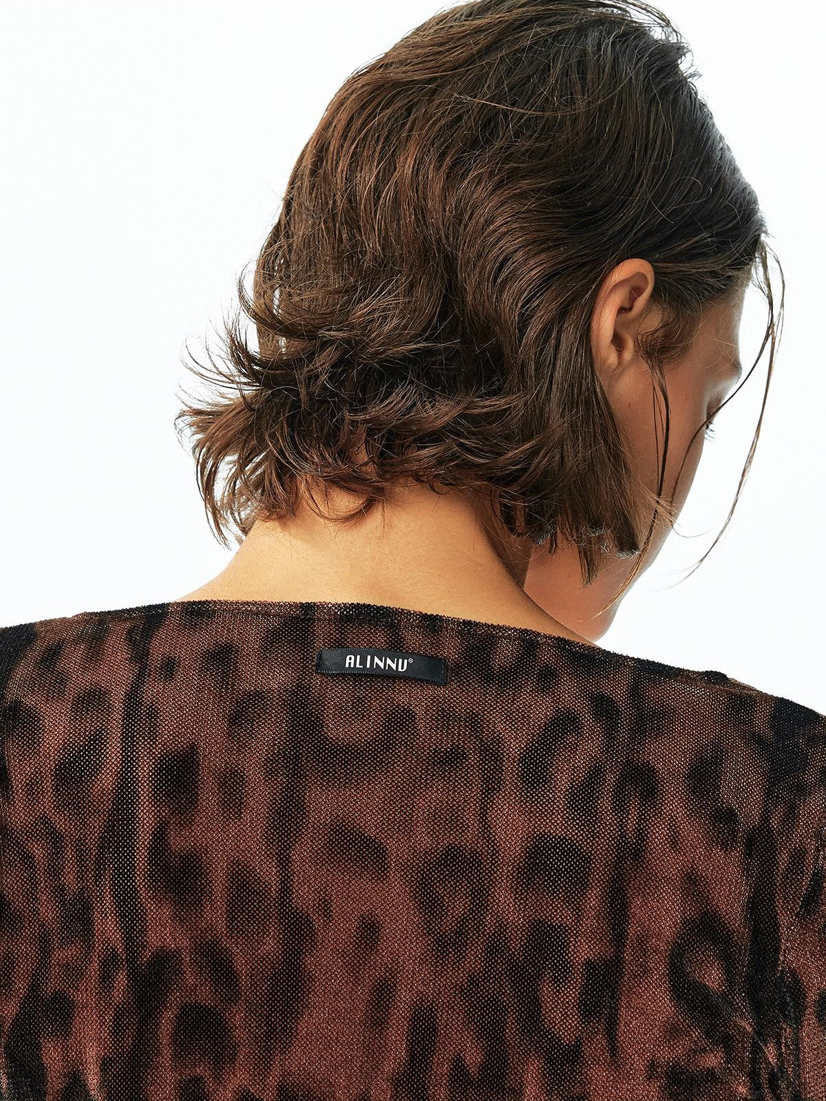 ALINNV Flocked Mesh Leopard Print U Neck Slim Fit Women&