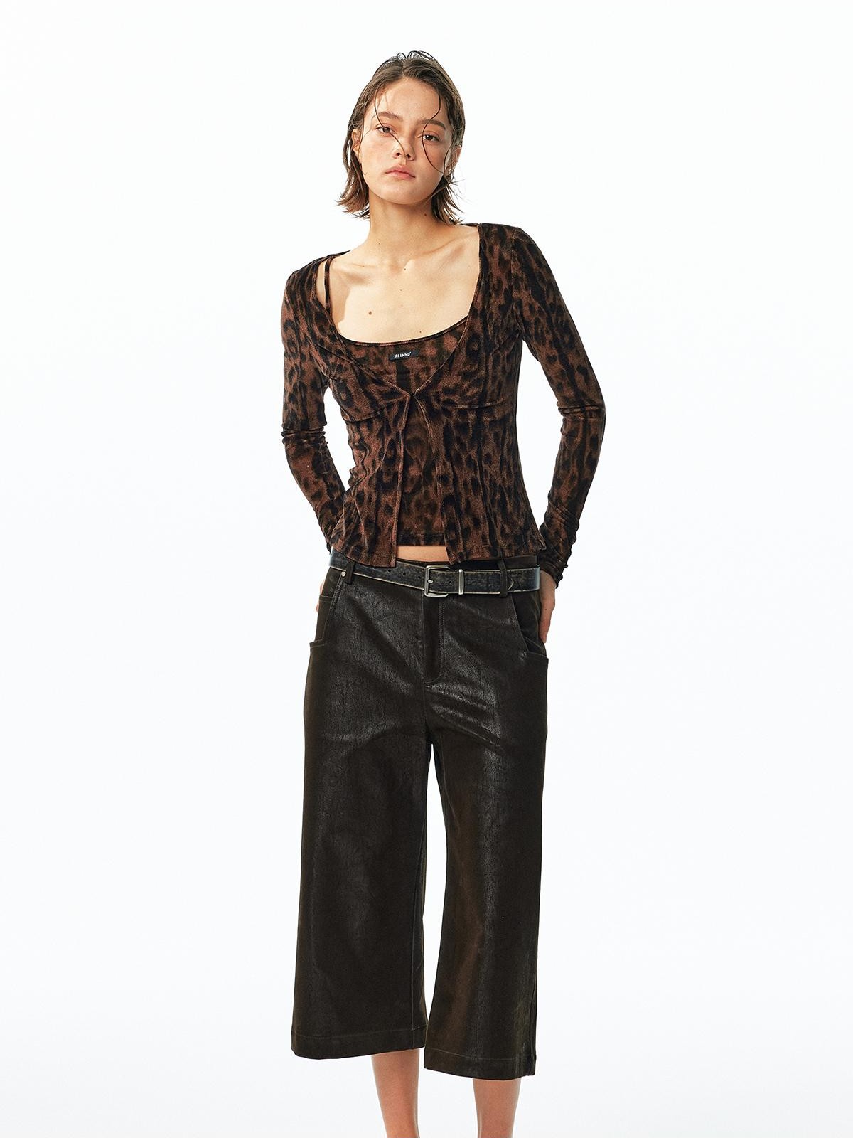 ALINNV Flocked Mesh Leopard Print U Neck Slim Fit Women&
