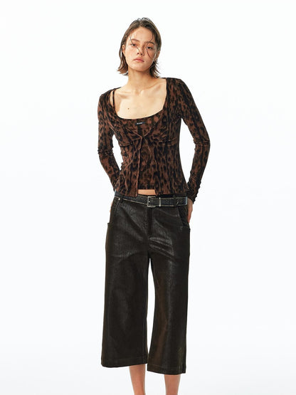 ALINNV Flocked Mesh Leopard Print U Neck Slim Fit Women&