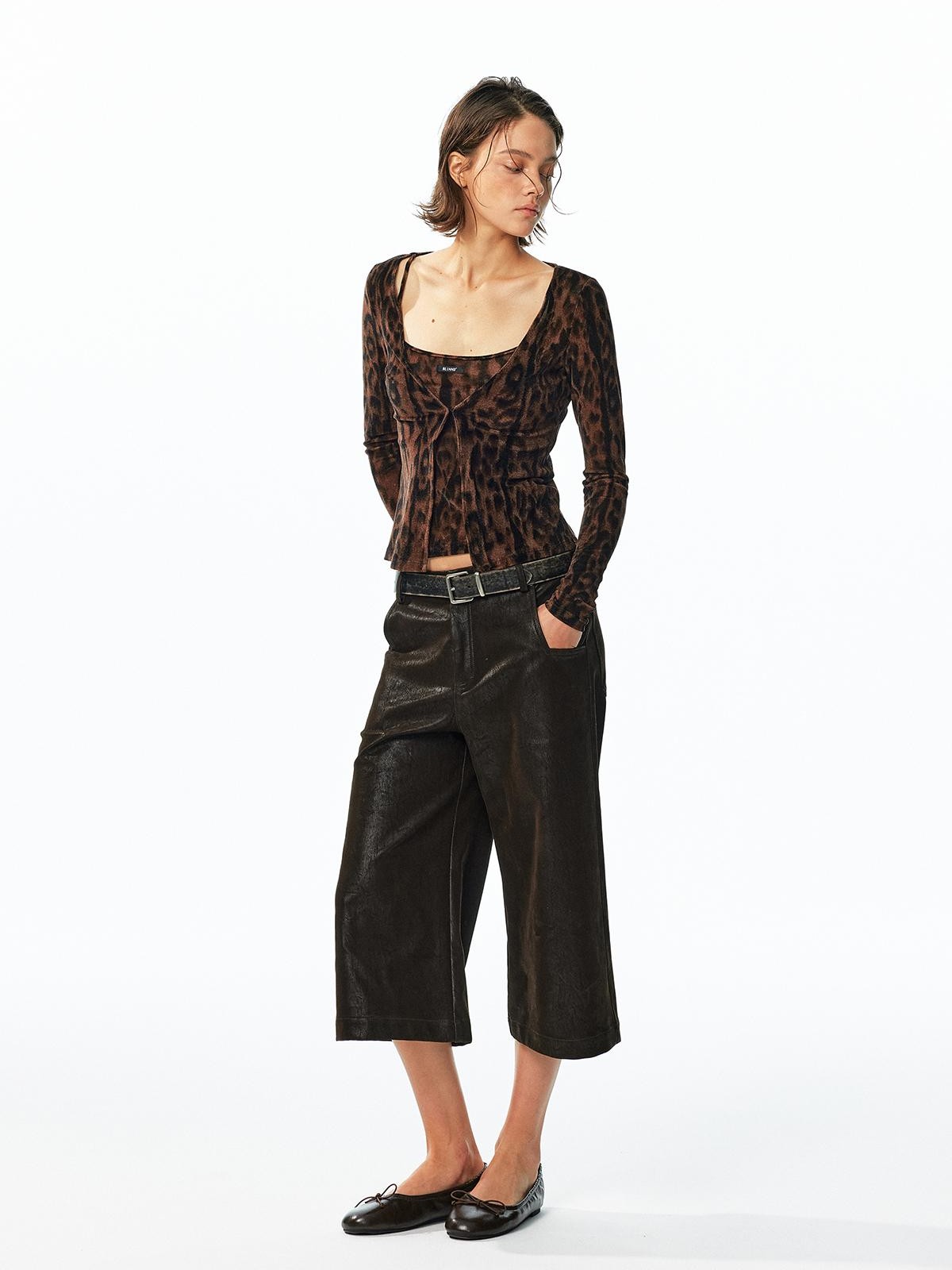 ALINNV Flocked Mesh Leopard Print U Neck Slim Fit Women&
