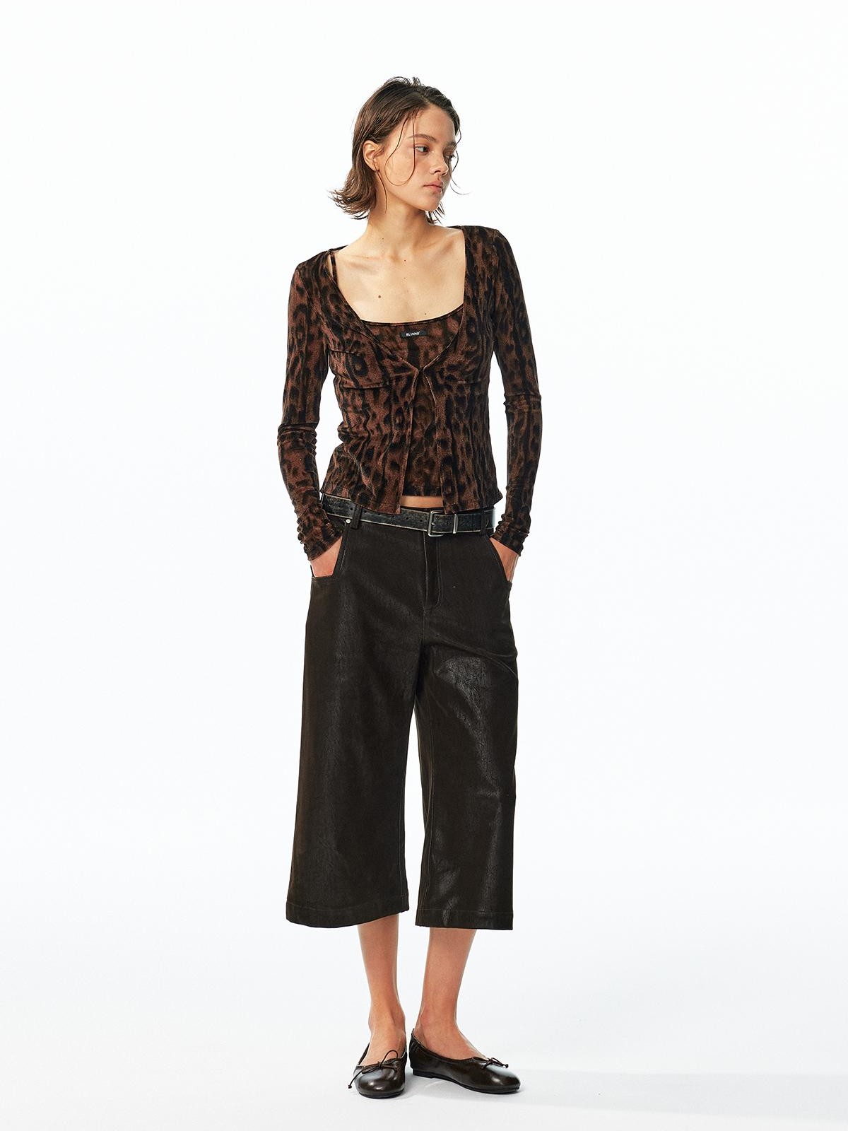 ALINNV Flocked Mesh Leopard Print U Neck Slim Fit Women&