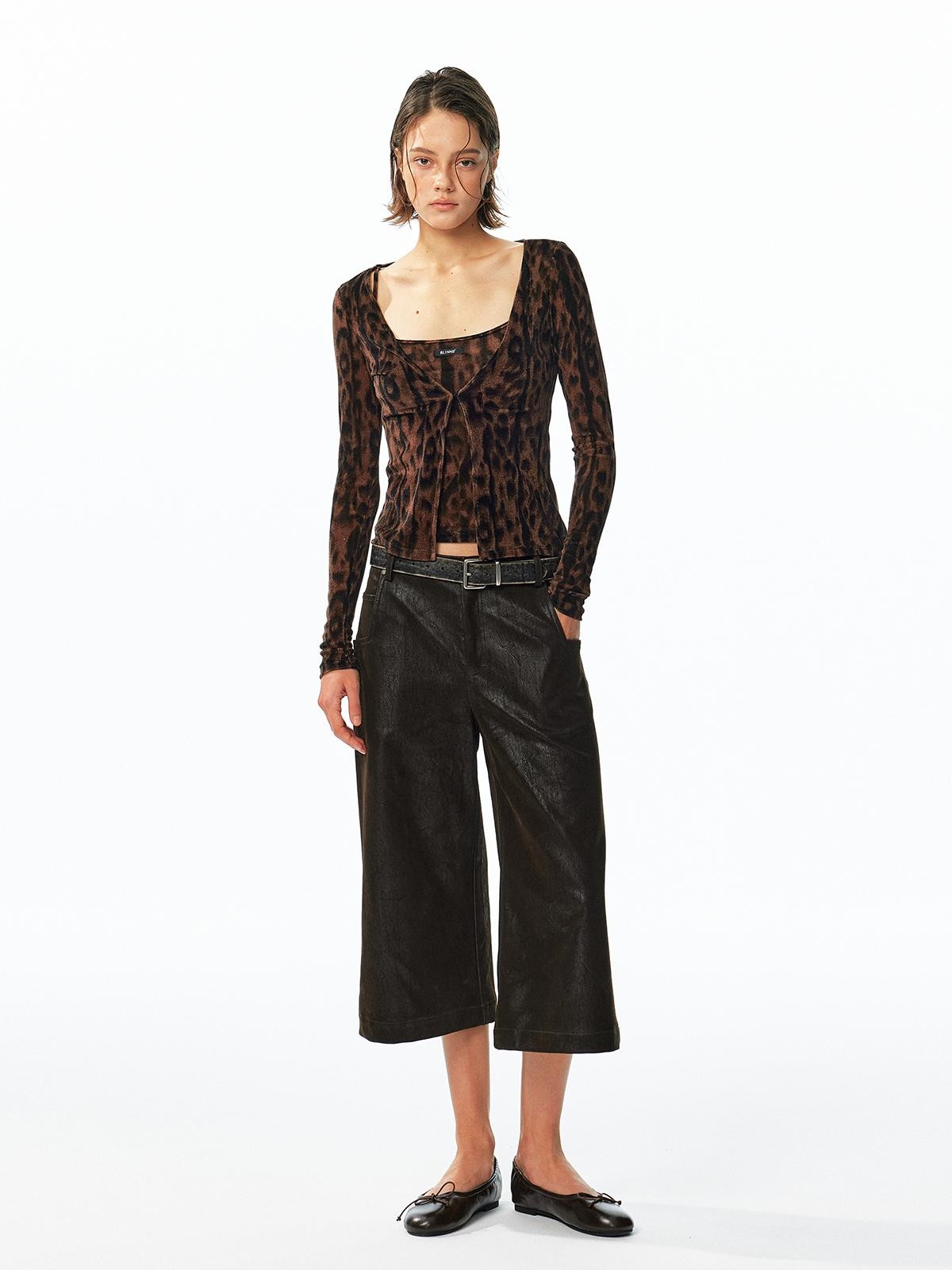 ALINNV Flocked Mesh Leopard Print U Neck Slim Fit Women&