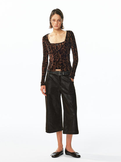 ALINNV Flocked Mesh Leopard Print U Neck Slim Fit Women&