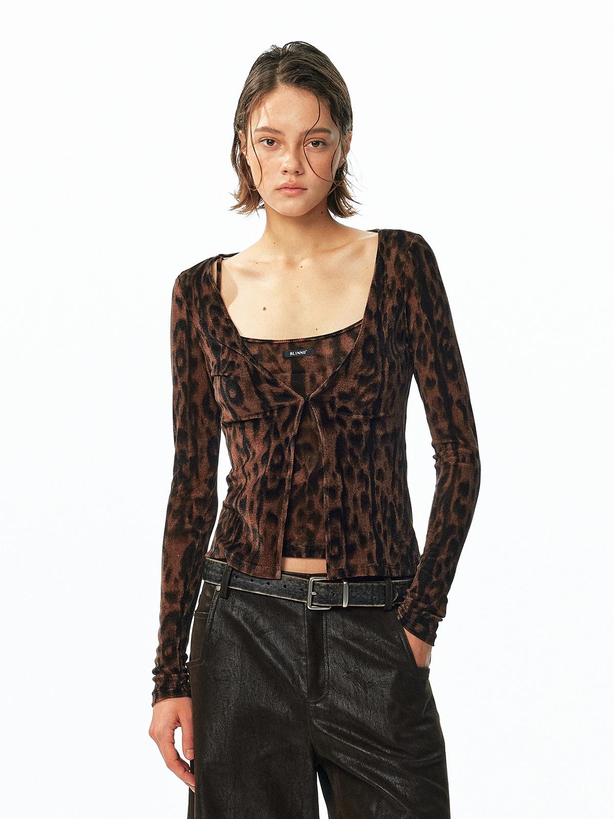 ALINNV Flocked Mesh Leopard Print U Neck Slim Fit Women&