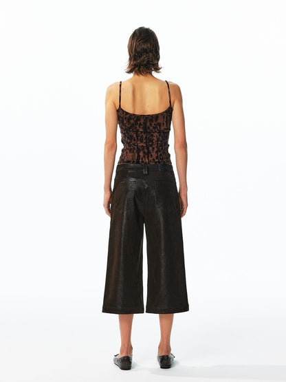 ALINNV Flocked Mesh Leopard Print U Neck Slim Fit Women&