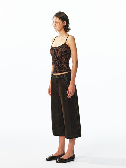 ALINNV Flocked Mesh Leopard Print U Neck Slim Fit Women&