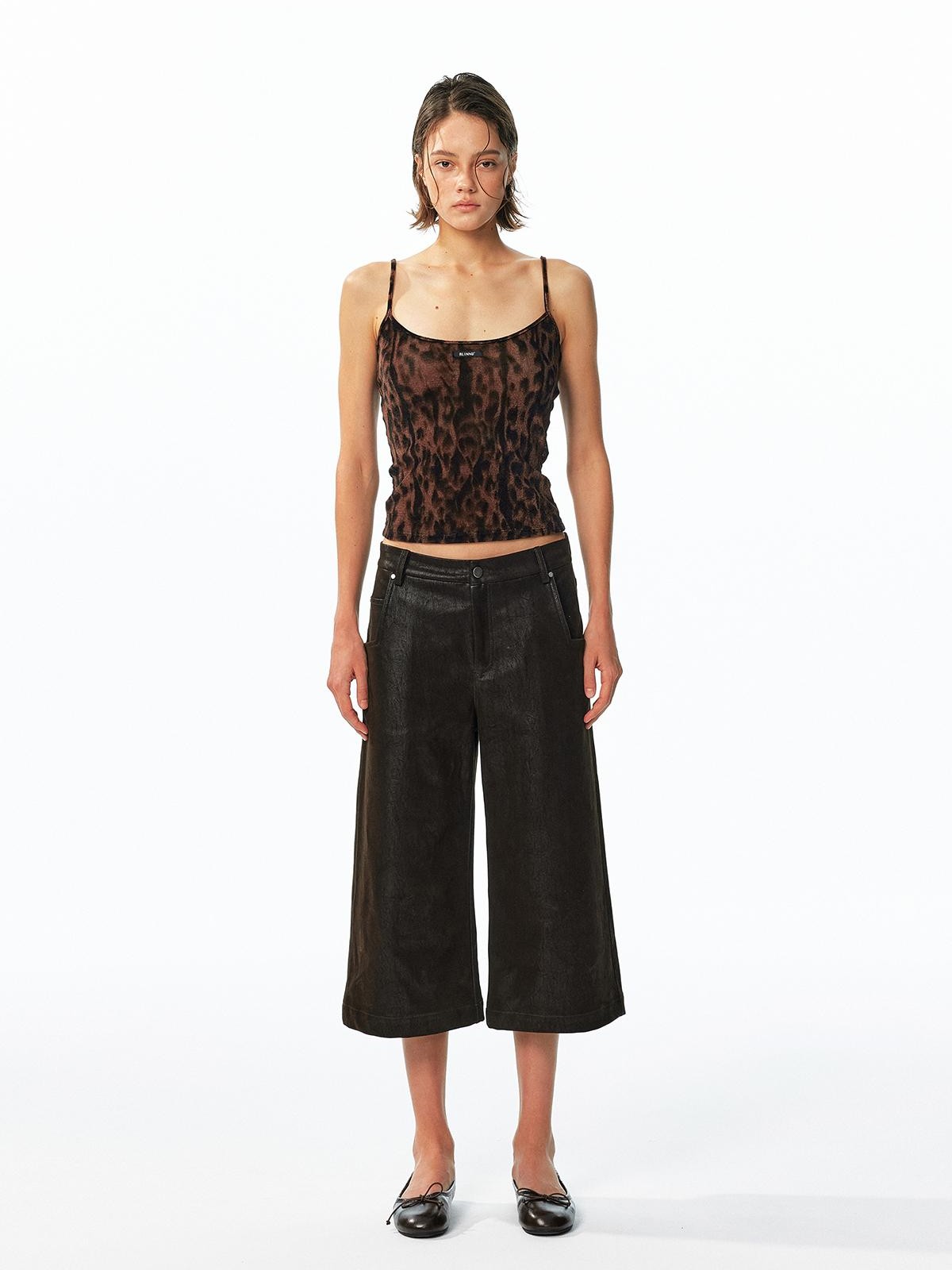 ALINNV Flocked Mesh Leopard Print U Neck Slim Fit Women&