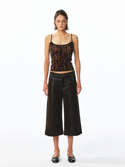 ALINNV Flocked Mesh Leopard Print U Neck Slim Fit Women&