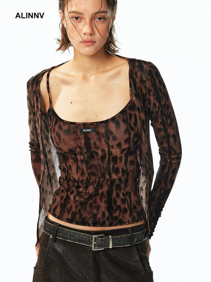 ALINNV Flocked Mesh Leopard Print U Neck Slim Fit Women&