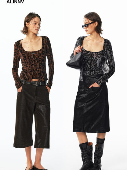 ALINNV Flocked Mesh Leopard Print U Neck Slim Fit Women&