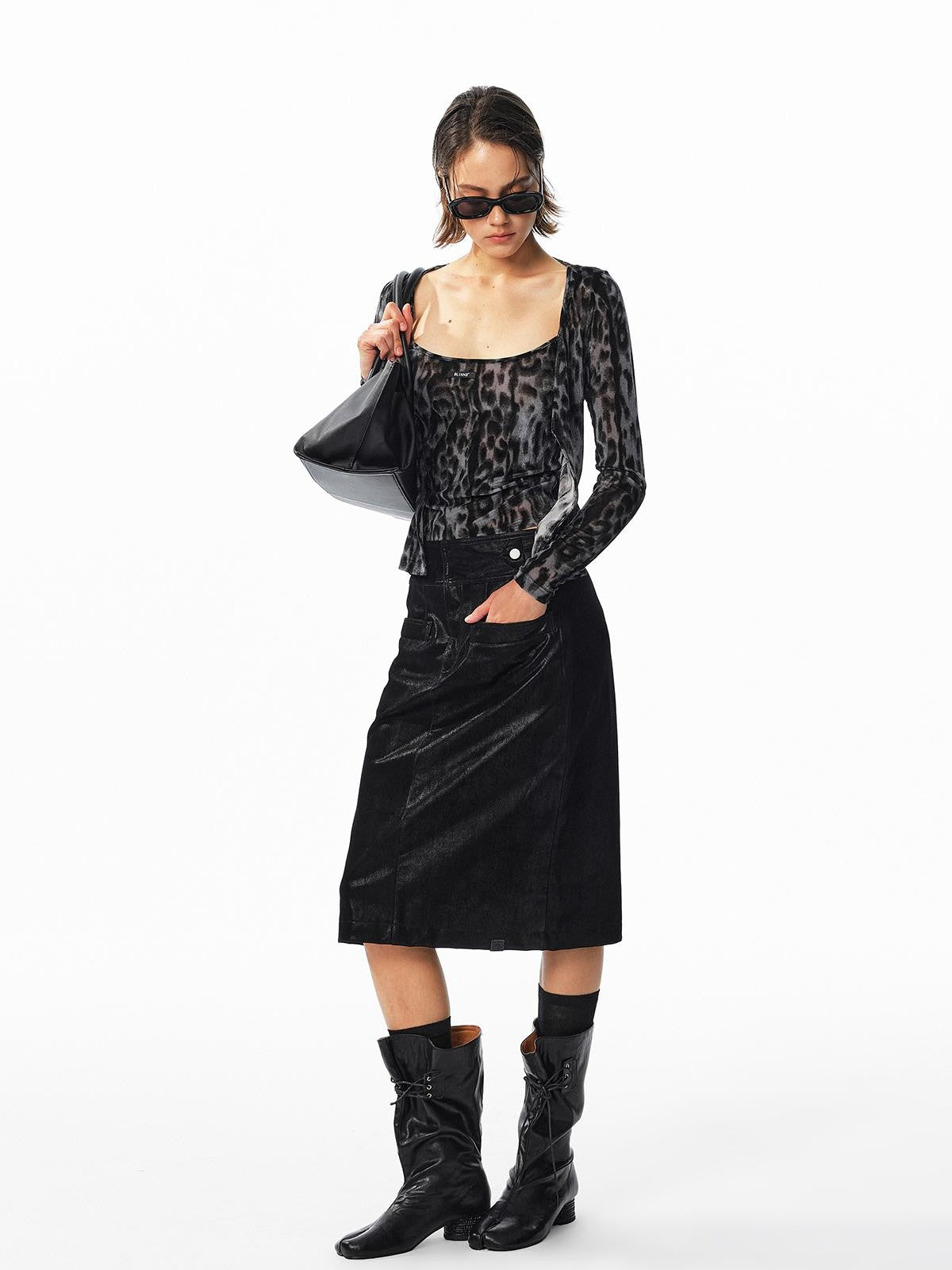 ALINNV Flocked Mesh Leopard Print U Neck Slim Fit Women&