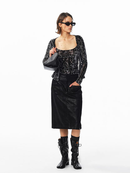 ALINNV Flocked Mesh Leopard Print U Neck Slim Fit Women&