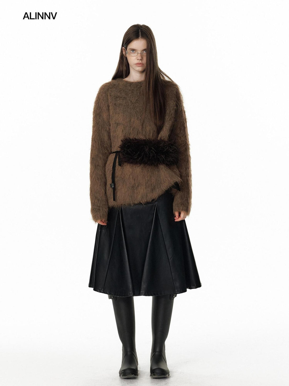 ALINNV Fuzzy Long Hair Alpaca Oversized Crewneck Women&