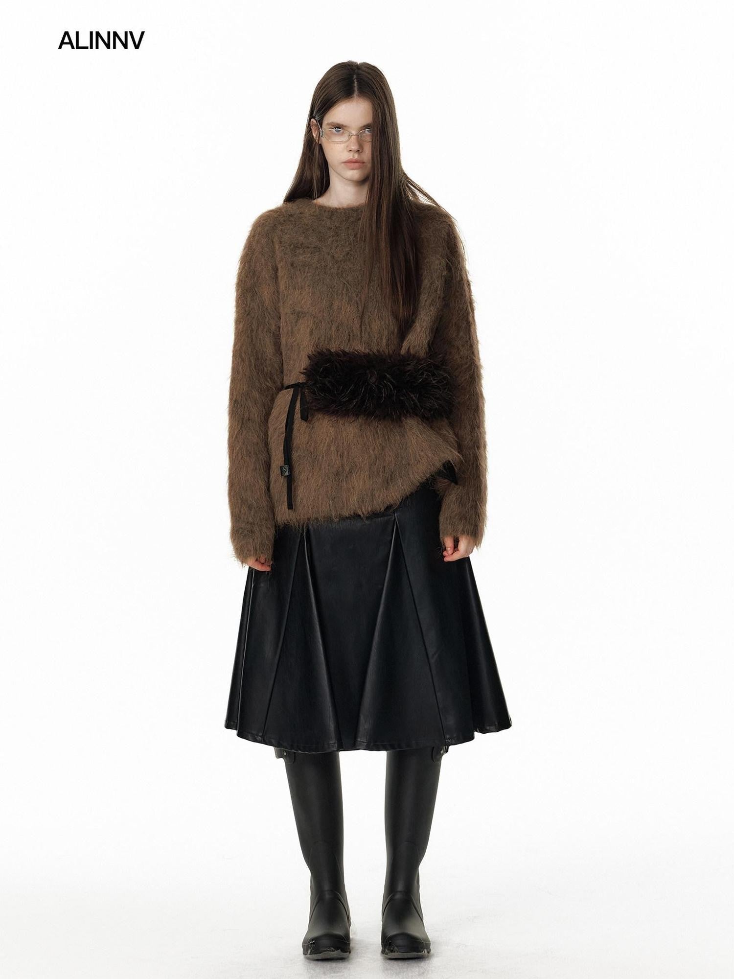 ALINNV Fuzzy Long Hair Alpaca Oversized Crewneck Women&