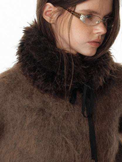 ALINNV Fuzzy Long Hair Alpaca Oversized Crewneck Women&