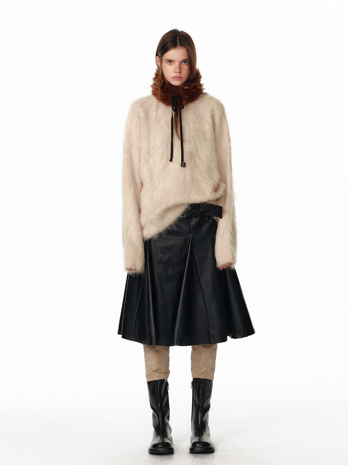 ALINNV Fuzzy Long Hair Alpaca Oversized Crewneck Women&