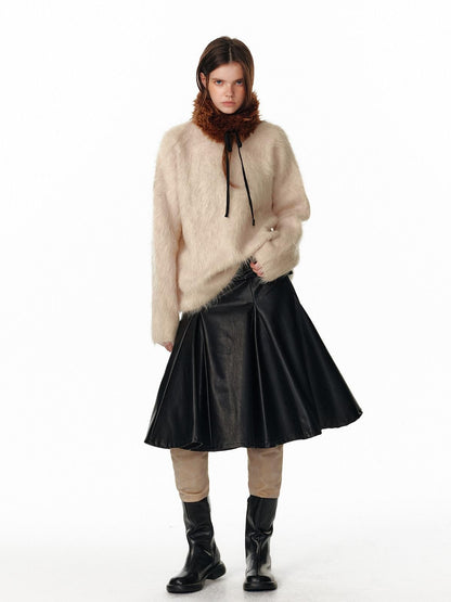 ALINNV Fuzzy Long Hair Alpaca Oversized Crewneck Women&