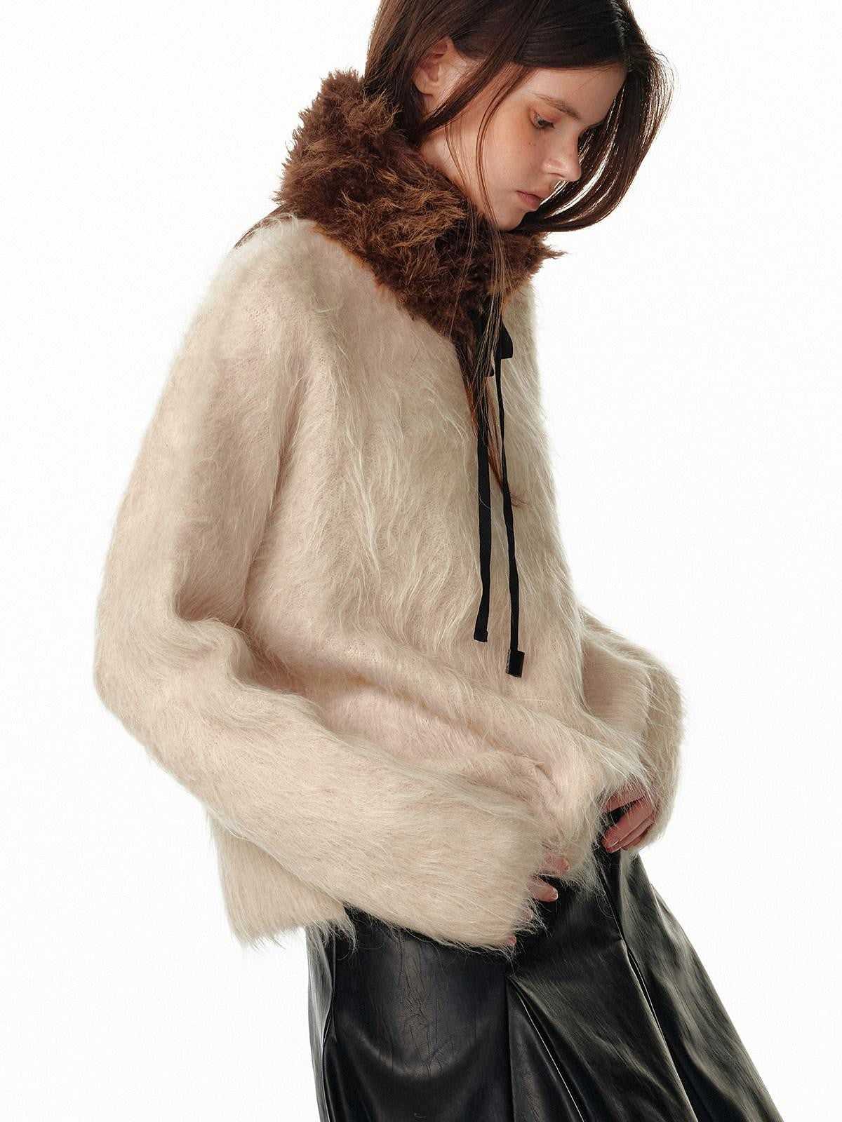 ALINNV Fuzzy Long Hair Alpaca Oversized Crewneck Women&