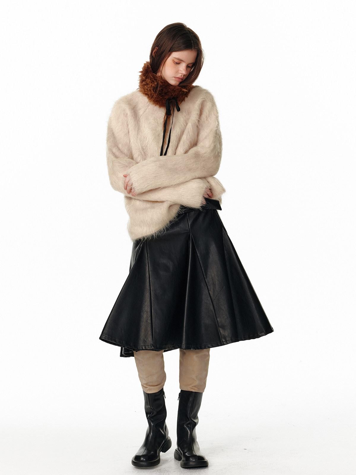 ALINNV Fuzzy Long Hair Alpaca Oversized Crewneck Women&
