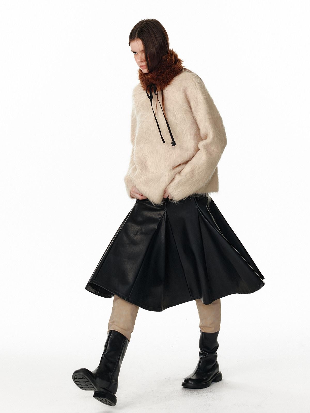 ALINNV Fuzzy Long Hair Alpaca Oversized Crewneck Women&
