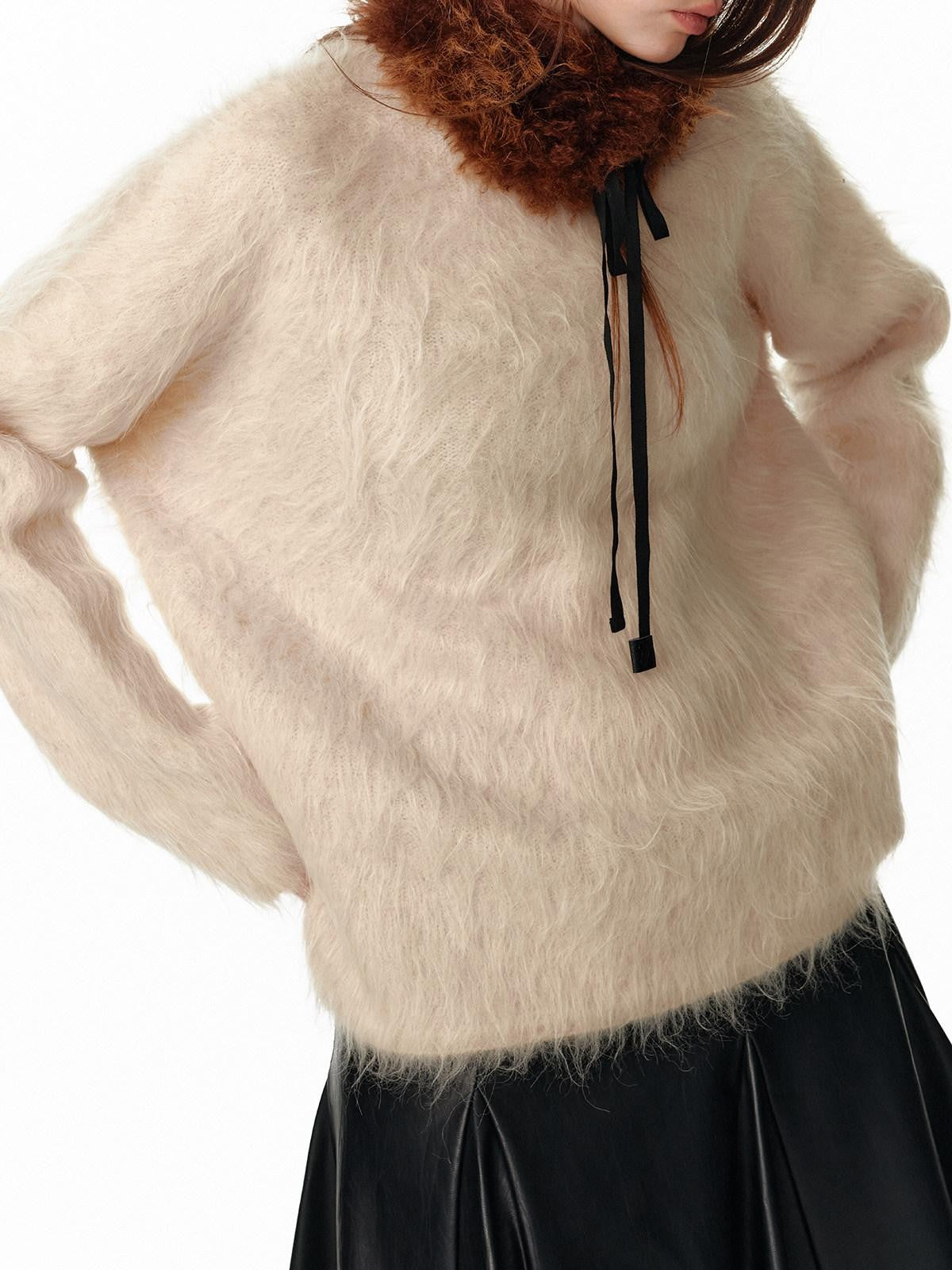 ALINNV Fuzzy Long Hair Alpaca Oversized Crewneck Women&