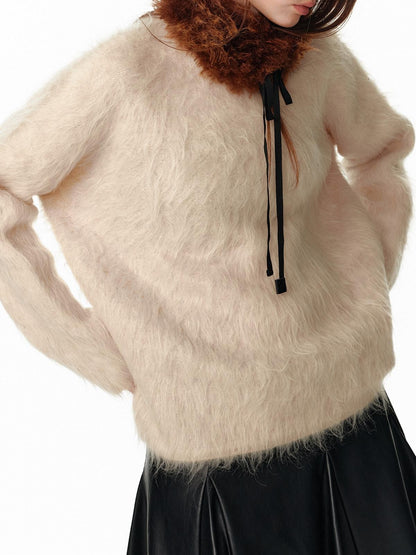 ALINNV Fuzzy Long Hair Alpaca Oversized Crewneck Women&