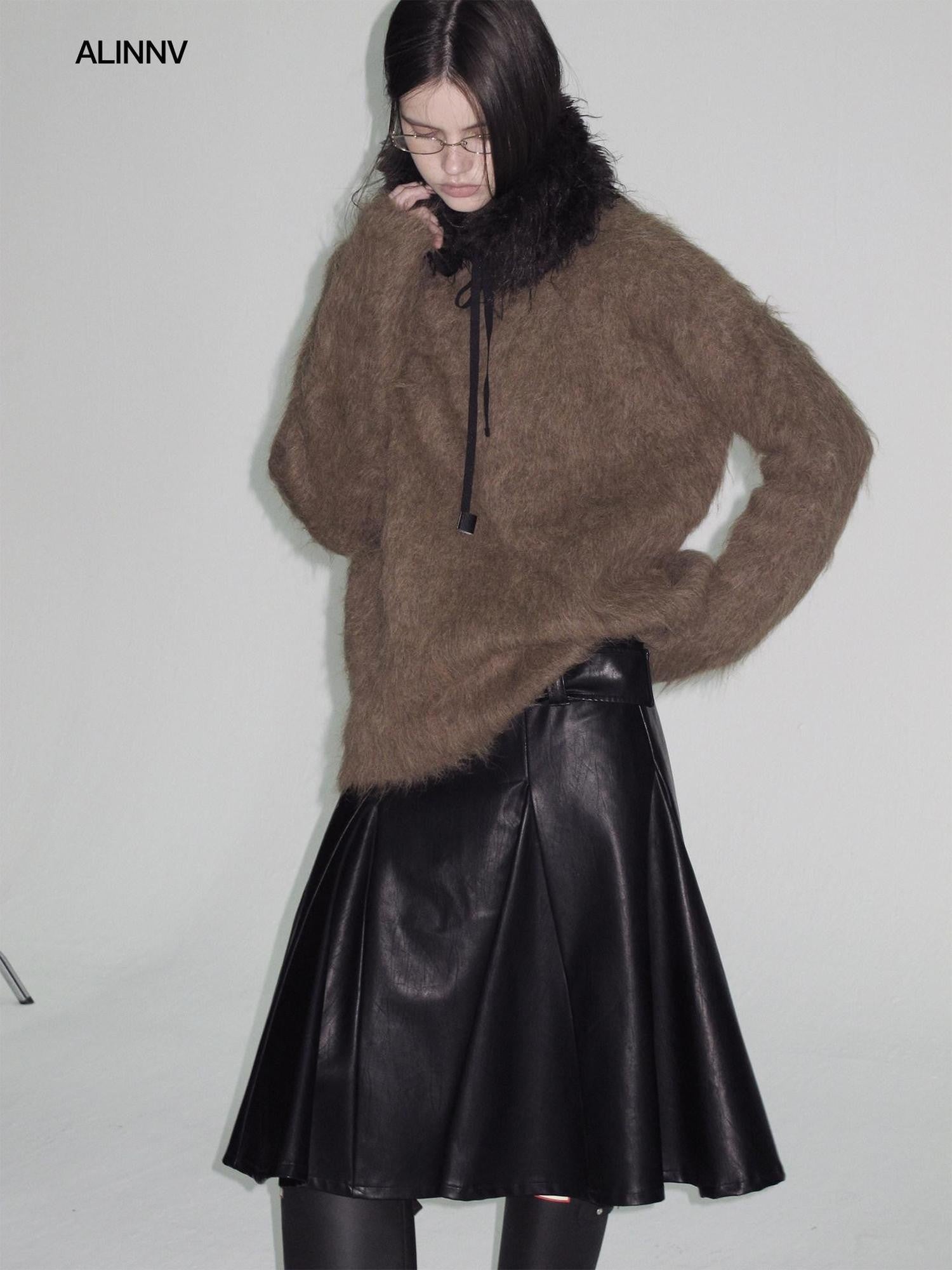 ALINNV Fuzzy Long Hair Alpaca Oversized Crewneck Women&