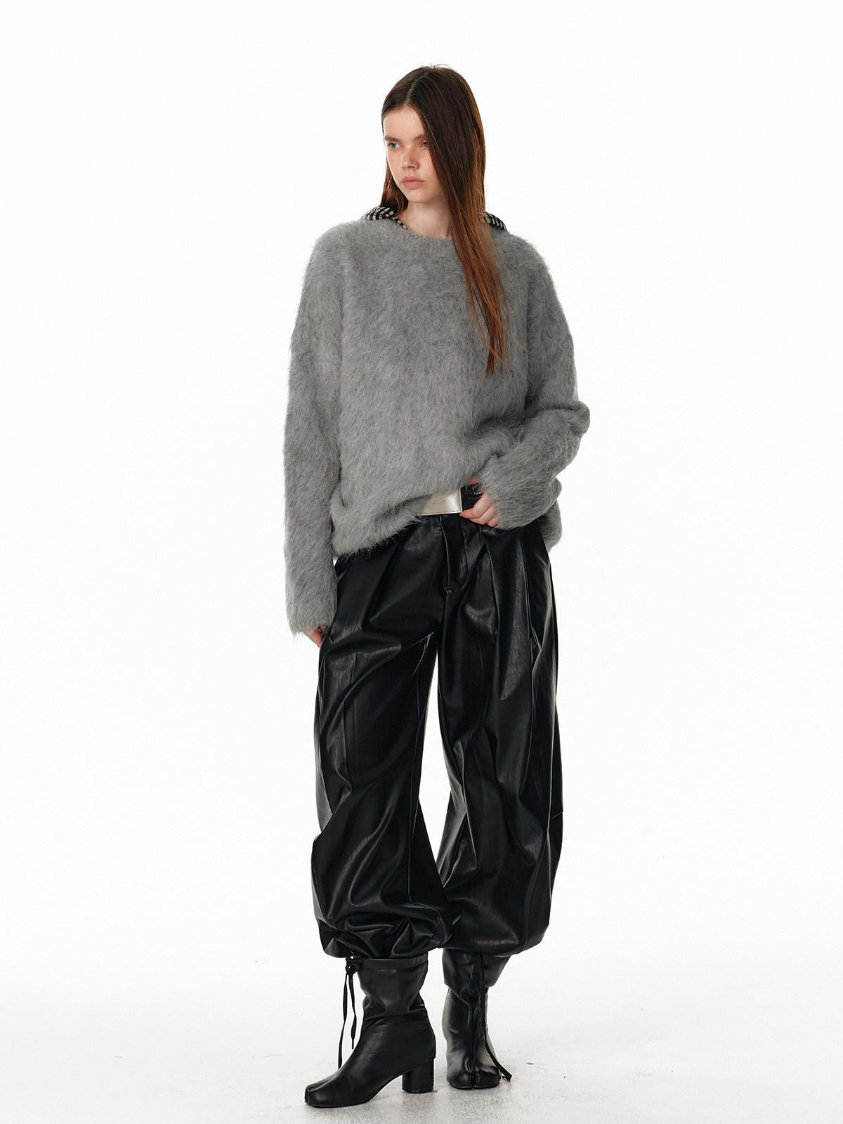 ALINNV Fuzzy Long Hair Alpaca Oversized Crewneck Women&
